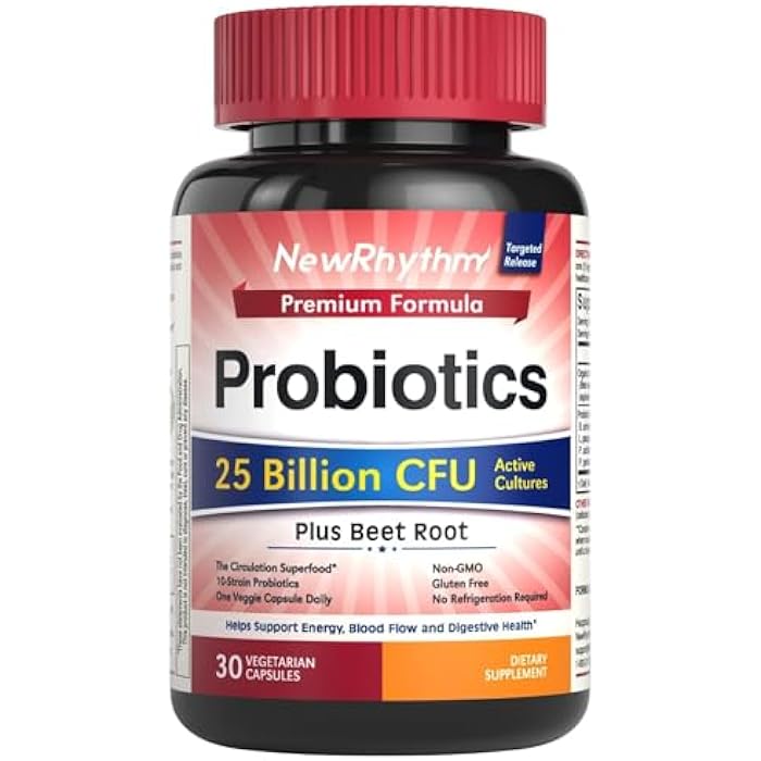 NewRhythm Probiotics for Women & Men 25 Billion CFU, with Organic Beet Root Extract, Nitric Oxide, Circulation, Energy & Heart Health, All Natural, Vegan, Non-GMO, 30 Caps - Image 1