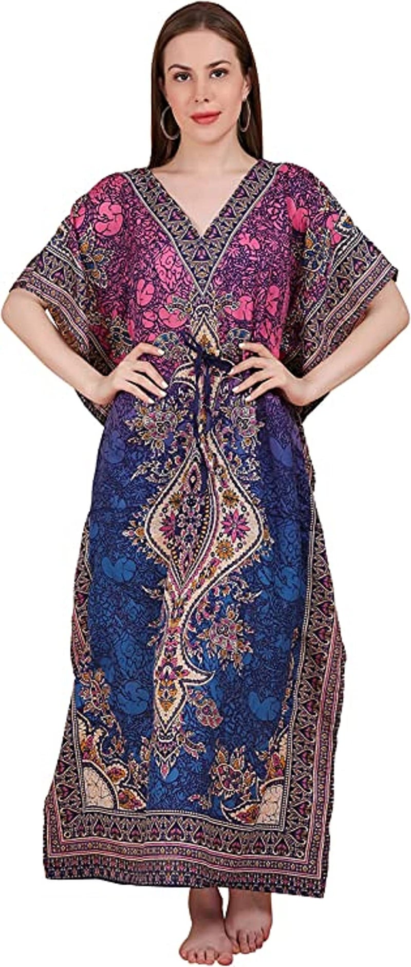 Royal Kurta Womens Viscose Blend Multicolored Print Long Kaftan Night Gown Beach Cover Up (Free Size, Pink Multi) - Image 1