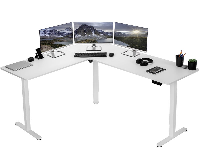 VIVO Electric Corner LShaped 75 x 63 in Rustic Standing Desk Memory Height Adjustment White Top White Frame DESKE3CTW75