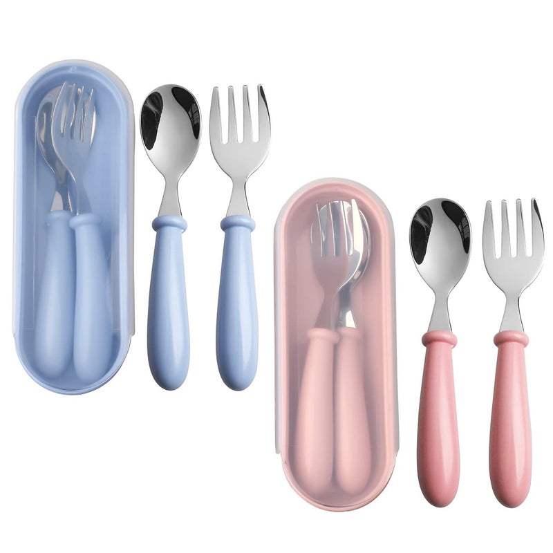 Pengxiaomei 4 Pcs Toddler Utensils Toddler Forks and Spoonsstainless Steel Baby Utensils Baby Silverware Set with Storage Box for Safe Dining