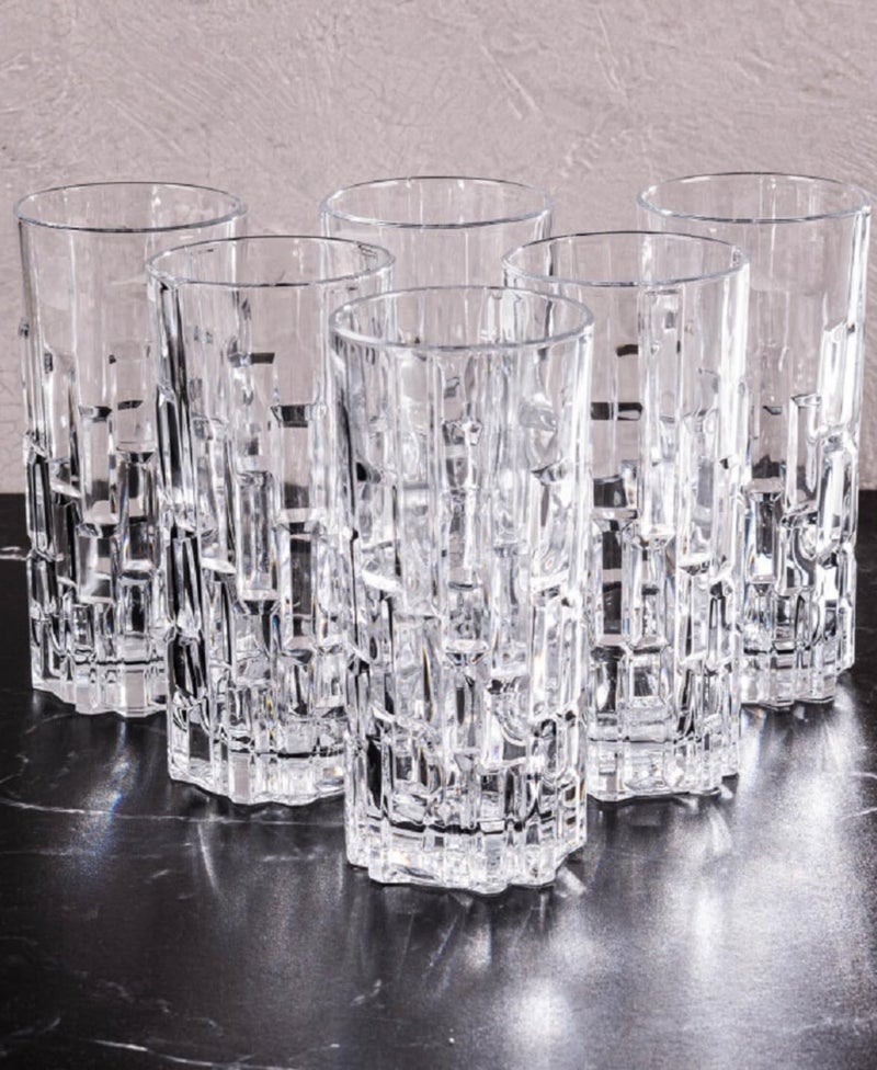 FINSTER Glass Premium Juice Water Glasses Set of 8-300ml, Transparent (Long Crystal 3D Brick Design Milkshake Glass Set Cocktail Mocktail Tumbler) - Image 1