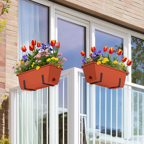 CADUKE Railing Planter Boxes Deck 2 Pack Railing Flower Box with Adjustable Bracket 17 Inch Window Boxes Rectangle Window Deck Hanging Planters Boxes for Outdoor Patio, Red - Image 2