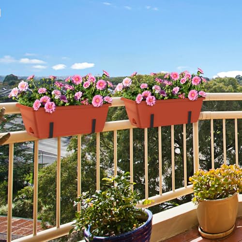 CADUKE Railing Planter Boxes Deck 2 Pack Railing Flower Box with Adjustable Bracket 17 Inch Window Boxes Rectangle Window Deck Hanging Planters Boxes for Outdoor Patio, Red - Image 3