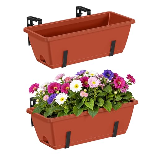 CADUKE Railing Planter Boxes Deck 2 Pack Railing Flower Box with Adjustable Bracket 17 Inch Window Boxes Rectangle Window Deck Hanging Planters Boxes for Outdoor Patio, Red - Image 1