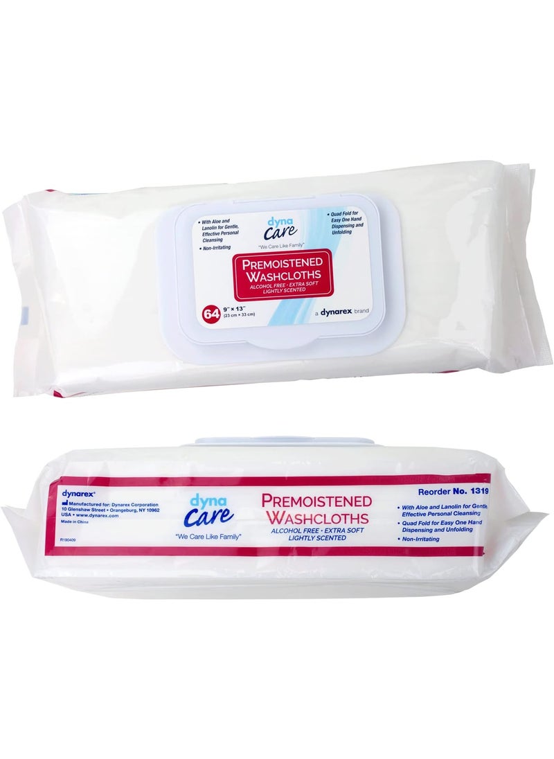 Dynarex Dynarex Personal Cleansing Washcloth - Pre-Moistened Wet Wipes with Lanolin & Aloe Vera - Disposable Sheets for Incontinence, Personal Care, Make-Up Removal, 1 Refill Pack of 64 Wipes 
