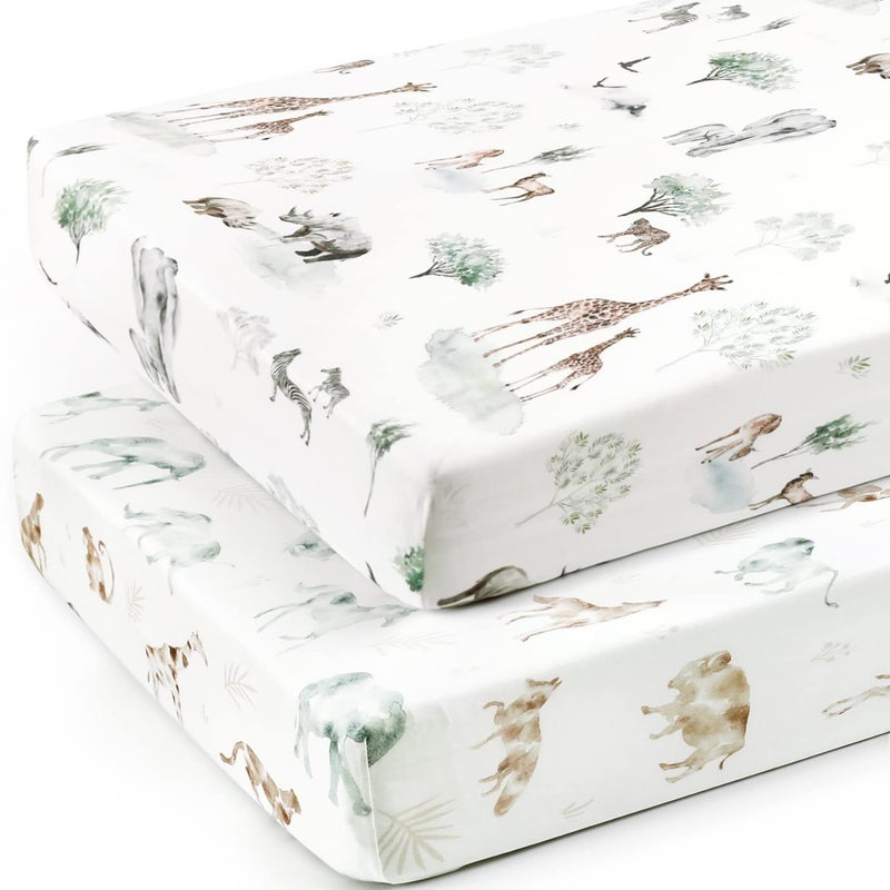 GRSSDER Stretch Ultra Soft Jersey Knit Fitted Crib Sheets Set 2 Packï¼ŒFit All Standard Crib Mattress Pads Safe and Snug, Crib Fitted Sheet for Baby, Stylish African Savannah Animals Pattern - Image 2