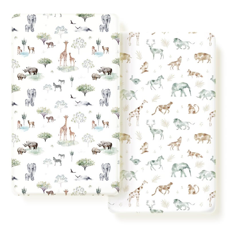 GRSSDER Stretch Ultra Soft Jersey Knit Fitted Crib Sheets Set 2 Packï¼ŒFit All Standard Crib Mattress Pads Safe and Snug, Crib Fitted Sheet for Baby, Stylish African Savannah Animals Pattern - Image 1