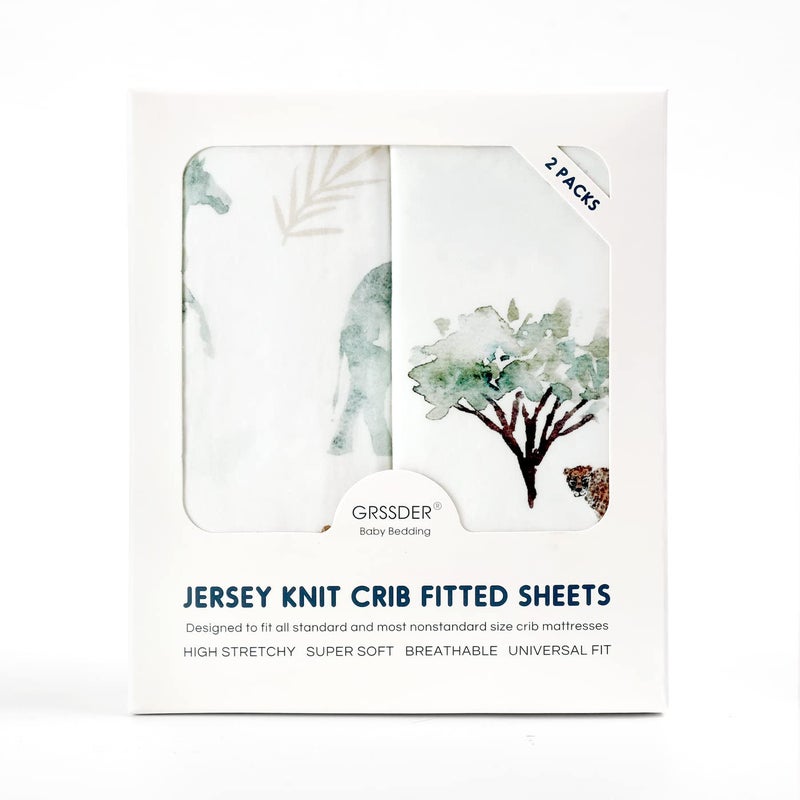GRSSDER Stretch Ultra Soft Jersey Knit Fitted Crib Sheets Set 2 Packï¼ŒFit All Standard Crib Mattress Pads Safe and Snug, Crib Fitted Sheet for Baby, Stylish African Savannah Animals Pattern - Image 4
