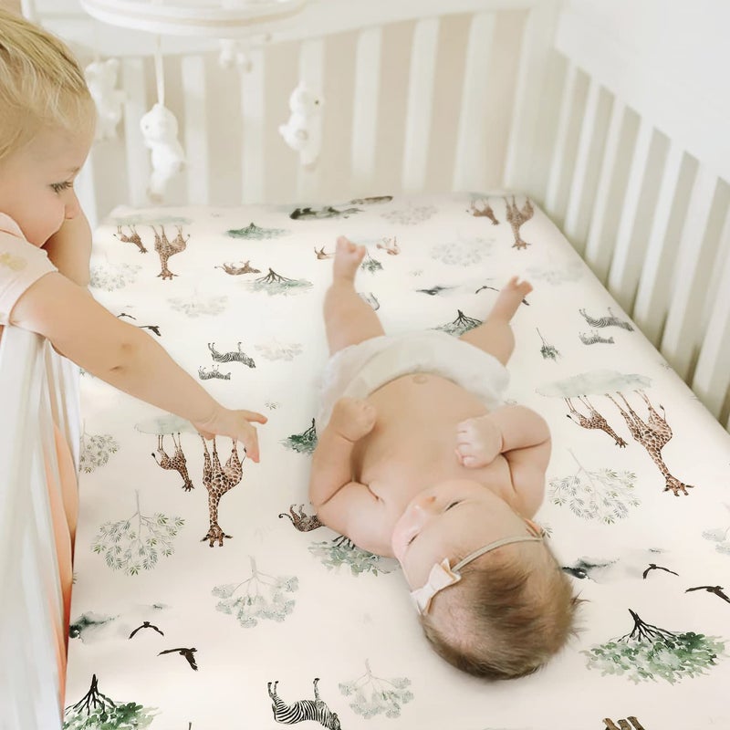 GRSSDER Stretch Ultra Soft Jersey Knit Fitted Crib Sheets Set 2 Packï¼ŒFit All Standard Crib Mattress Pads Safe and Snug, Crib Fitted Sheet for Baby, Stylish African Savannah Animals Pattern - Image 3