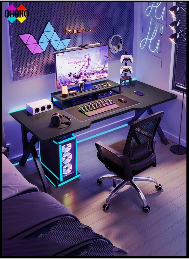 OHAHO 140CM Gaming Table,Gaming Desk, Computer Desk Home Office Desk Extra Large Modern Ergonomic Black PC Table Gamer Workstation (Black, 140x60x75cm)  - Image 1