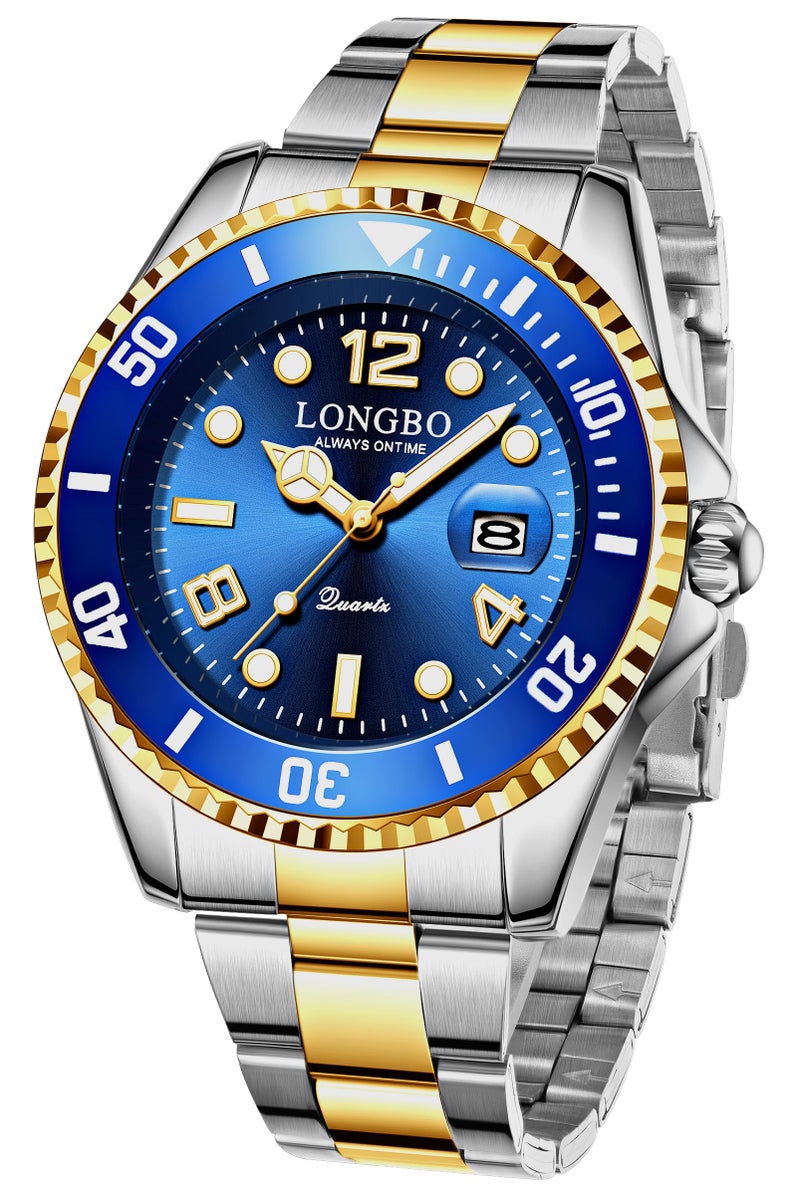LONGBO Master Royale Analog Watch For Men (Silver-Gold-Blue, Stainless Steel) - Image 1