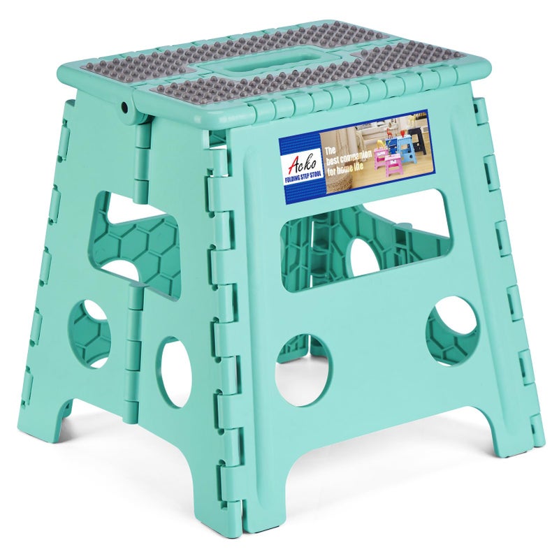 ACKO Folding Step Stool 13 Inch Stool Heavy Duty Plastic Foldable Step Stools for Kids Stepping Stool with Handle Folding Stool Suitable for Kitchen Hold Up to 300 LB Teal 1PC