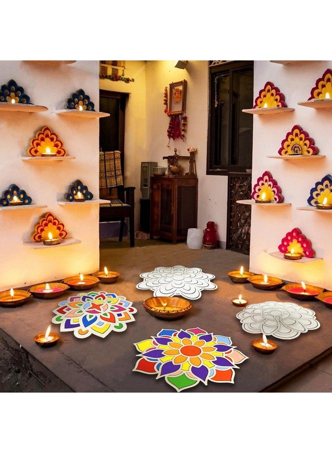 MLOLM 5pcs Wooden Diwali Mandala Sand Art Kits 11.8'' DIY Floral Rangoli Mats for Floor Decoration Mandala Sand Painting10 Rangoli Colors with Brush for Home Indian Festivals Party Decoration - Image 5