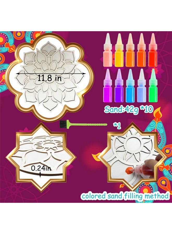 MLOLM 5pcs Wooden Diwali Mandala Sand Art Kits 11.8'' DIY Floral Rangoli Mats for Floor Decoration Mandala Sand Painting10 Rangoli Colors with Brush for Home Indian Festivals Party Decoration - Image 2