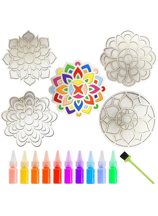 MLOLM 5pcs Wooden Diwali Mandala Sand Art Kits 11.8'' DIY Floral Rangoli Mats for Floor Decoration Mandala Sand Painting10 Rangoli Colors with Brush for Home Indian Festivals Party Decoration - Image 1