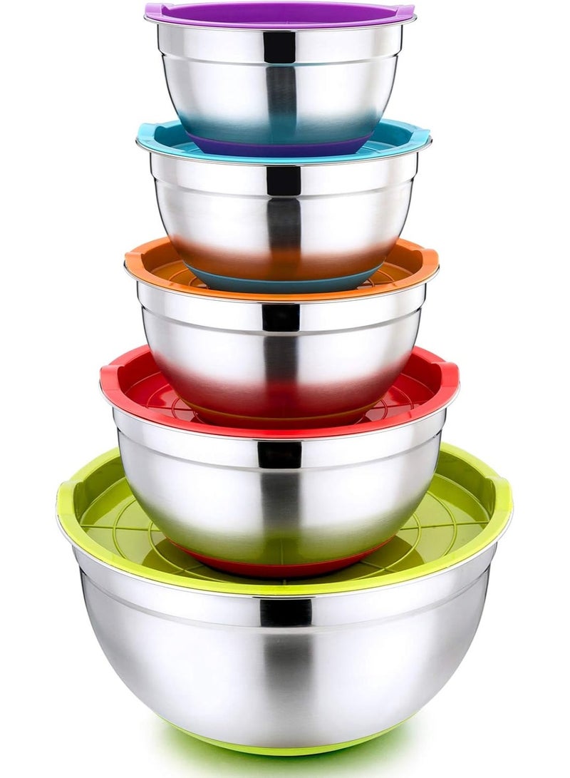 طقم أوعية خلط من الستانلس ستيل مع أغطية متعددة الألوان – 5 أوعية بأحجام مختلفة لتحضير الطعام والعجن والسلطات والتخزين – قاعدة مانعة للانزلاق، مقاومة للصدأ، سهلة التنظيف، مثالية للمطبخ العصري - Image 1