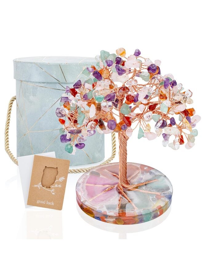 7 Chakra Healing Crystals Stones Tree, Colorful Crystal Stone Leaf Wire Wrapped on Natural Agate Slice Base, Home Office Desk Living Room Decoration for Wealth and Luck - Image 1