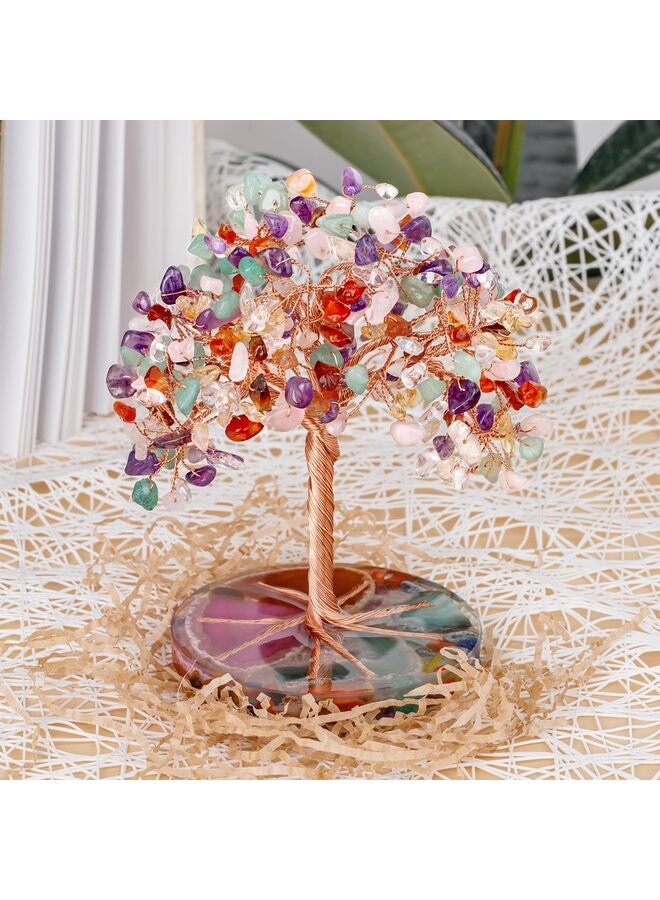 7 Chakra Healing Crystals Stones Tree, Colorful Crystal Stone Leaf Wire Wrapped on Natural Agate Slice Base, Home Office Desk Living Room Decoration for Wealth and Luck - Image 5