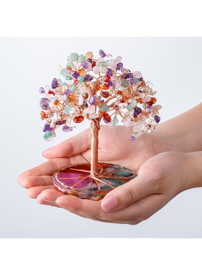 7 Chakra Healing Crystals Stones Tree, Colorful Crystal Stone Leaf Wire Wrapped on Natural Agate Slice Base, Home Office Desk Living Room Decoration for Wealth and Luck - Image 3