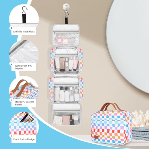 Bosidu Travel Toiletry Bag for Women, Hanging Toiletry Bag with Hook Pastel Checkered Makeup Bag for Travel Size Toiletries, Cosmetics, Must Haves for Traveling Women - Image 5