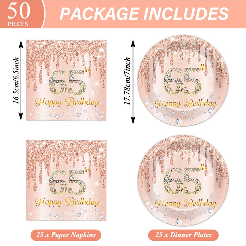 CHUNNIN 50Pcs Rose Gold 65th Birthday Party Paper Plates and Napkins Women Rose Gold 65 Years Old Table Decorations Happy Sixty-five Years Old Tableware Set Serves 25 Guest Pink 65th Birthday Party Supplies - Image 2