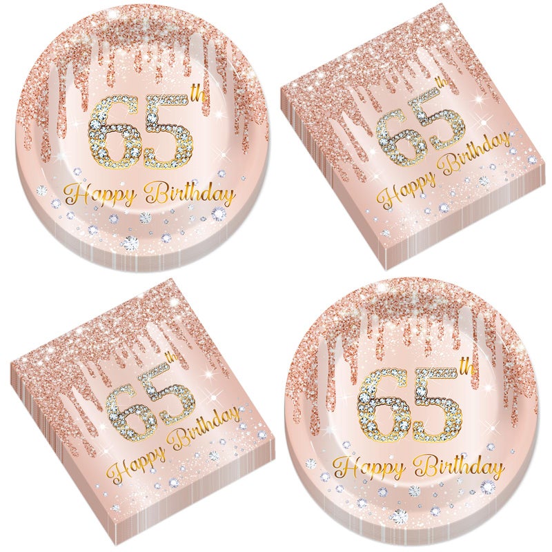 CHUNNIN 50Pcs Rose Gold 65th Birthday Party Paper Plates and Napkins Women Rose Gold 65 Years Old Table Decorations Happy Sixty-five Years Old Tableware Set Serves 25 Guest Pink 65th Birthday Party Supplies - Image 1