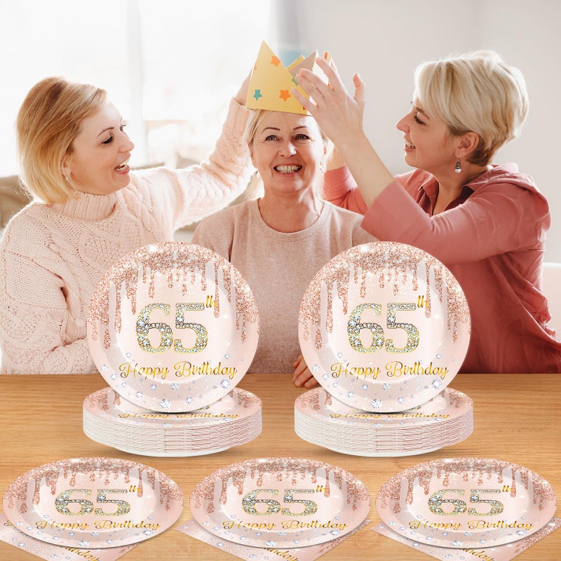 CHUNNIN 50Pcs Rose Gold 65th Birthday Party Paper Plates and Napkins Women Rose Gold 65 Years Old Table Decorations Happy Sixty-five Years Old Tableware Set Serves 25 Guest Pink 65th Birthday Party Supplies - Image 5