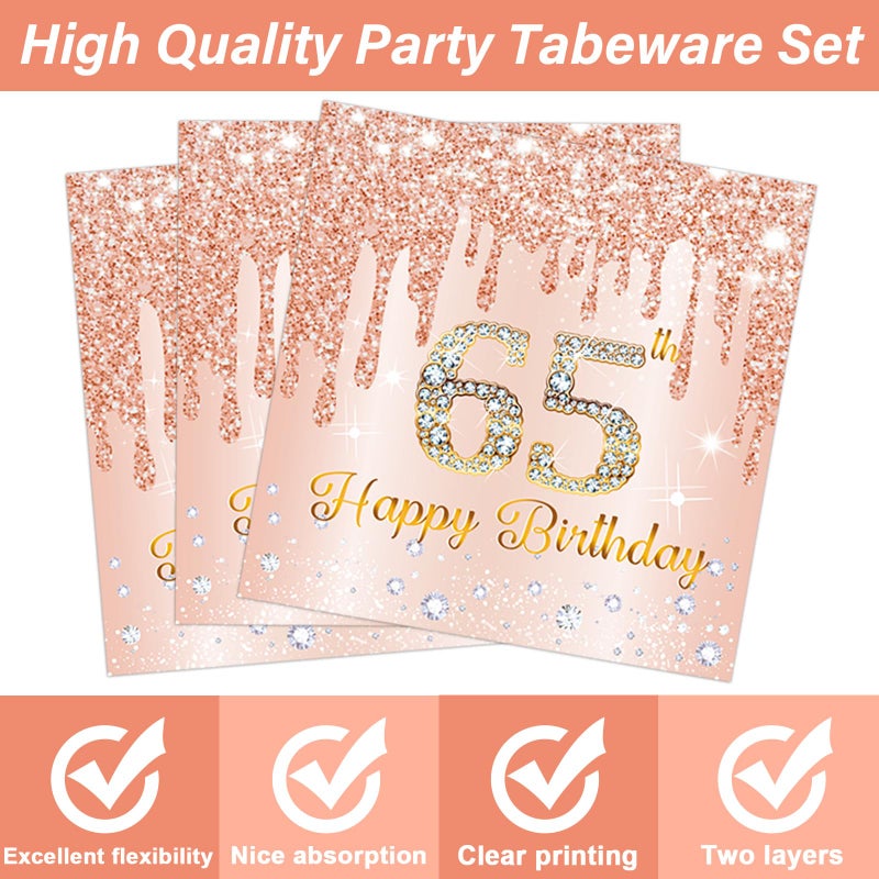 CHUNNIN 50Pcs Rose Gold 65th Birthday Party Paper Plates and Napkins Women Rose Gold 65 Years Old Table Decorations Happy Sixty-five Years Old Tableware Set Serves 25 Guest Pink 65th Birthday Party Supplies - Image 4