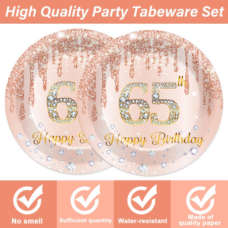 CHUNNIN 50Pcs Rose Gold 65th Birthday Party Paper Plates and Napkins Women Rose Gold 65 Years Old Table Decorations Happy Sixty-five Years Old Tableware Set Serves 25 Guest Pink 65th Birthday Party Supplies - Image 3