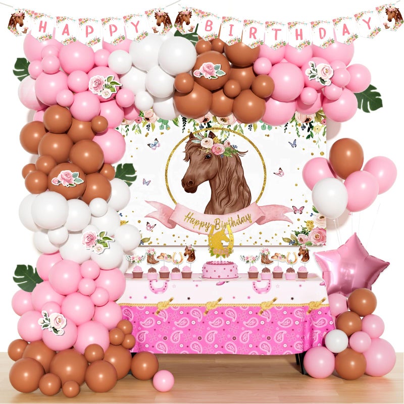 Hombae Horse Birthday Decorations for Girls Cowgirl Birthday Party Supplies 126PCs Western Wild West Rodeo Party Decor with Backdrop Pink Brown Balloon Garland Kit Banner Flower Backdrop - Image 2