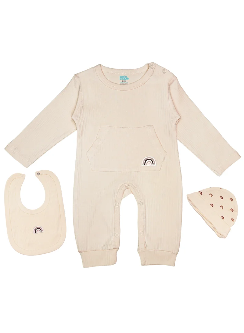 Babies Basic Babies Basic Ribbed Cotton Set with Sleepsuit/Romper, Cap and Bib