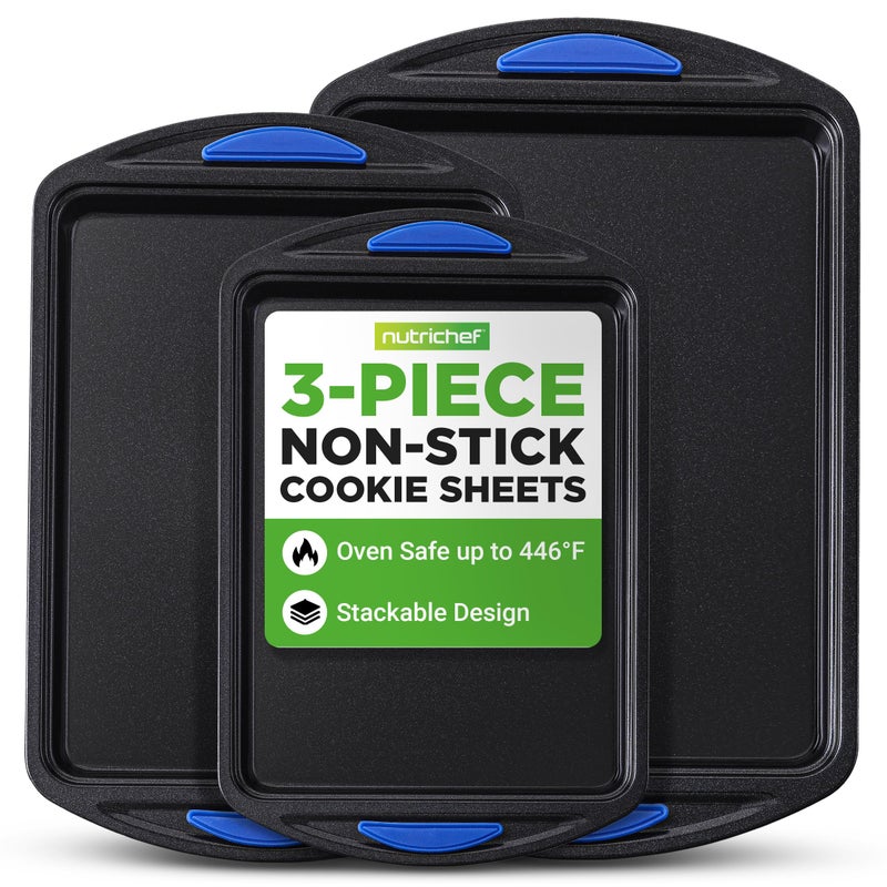 NutriChef 3Piece Nonstick Cookie Sheets for Baking Carbon Steel Stackable Bakeware Set w Silicone Handles Non Toxic Baking Pan Durable Wrap Resistance Oven Safe Easy cleanup