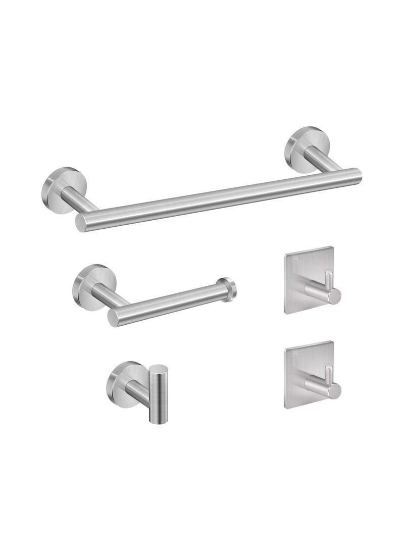 RATSAW 5PCS Bathroom Hardware Set Wall Mounted Towel Rail Coat Hook and Self Adhesive Hooks Stainless Steel Bathroom Accessories Towel Holders Kit Silver - Image 1