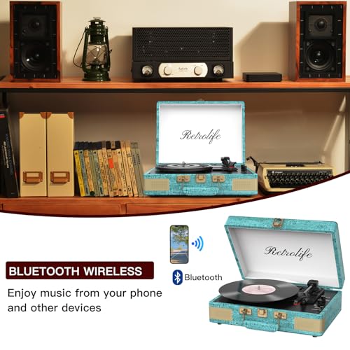 Retrolife Record Player 3 Speed Bluetooth Portable Suitcase Vinyl Player with Built-in Speakers Turntable Enhanced Audio Sound PU Leather Vintage - Image 2