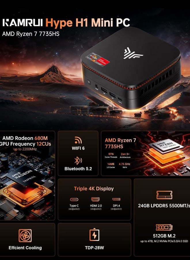 KAMRUI Mini Gaming PC, Hyper H1 11 Pro AMD Ryzen 7 6800H (8C/16T,up to 4.7GHz) Mini PC, 32GB DDR5 4800MHz 512GB SSD,Mini Desktop Computers Radeon 680M Triple 4K Display/2.5G LAN/WiFi6/BT5.2 Black - Image 2