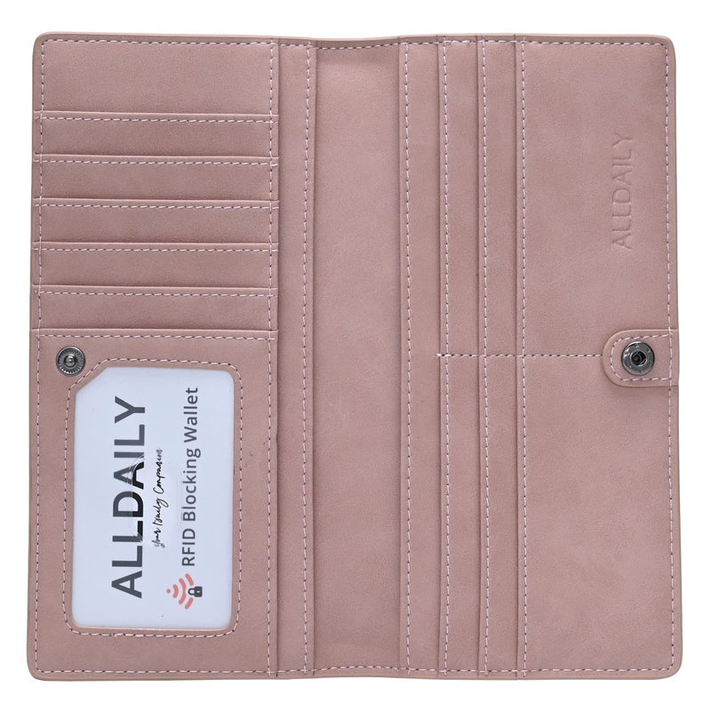 Alldaily Ultra Slim Thin Women Wallet RFID Blocking Credit Card Holder Bifold Long Ladies Billfold (Dark Pink) - Image 1