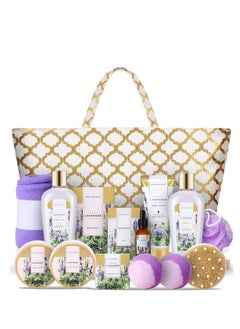 spa luxetique Spa Luxetique Lavender Spa Gift Baskets for Women, Luxurious 15pc Gift Baskets with Spa Tote Bag, Best Gift Sets for Women ,Luxury Home Spa Gift Set with Soap, Shampoo Bar, Body Scrub, Dry Hair Cap.  - Image 1