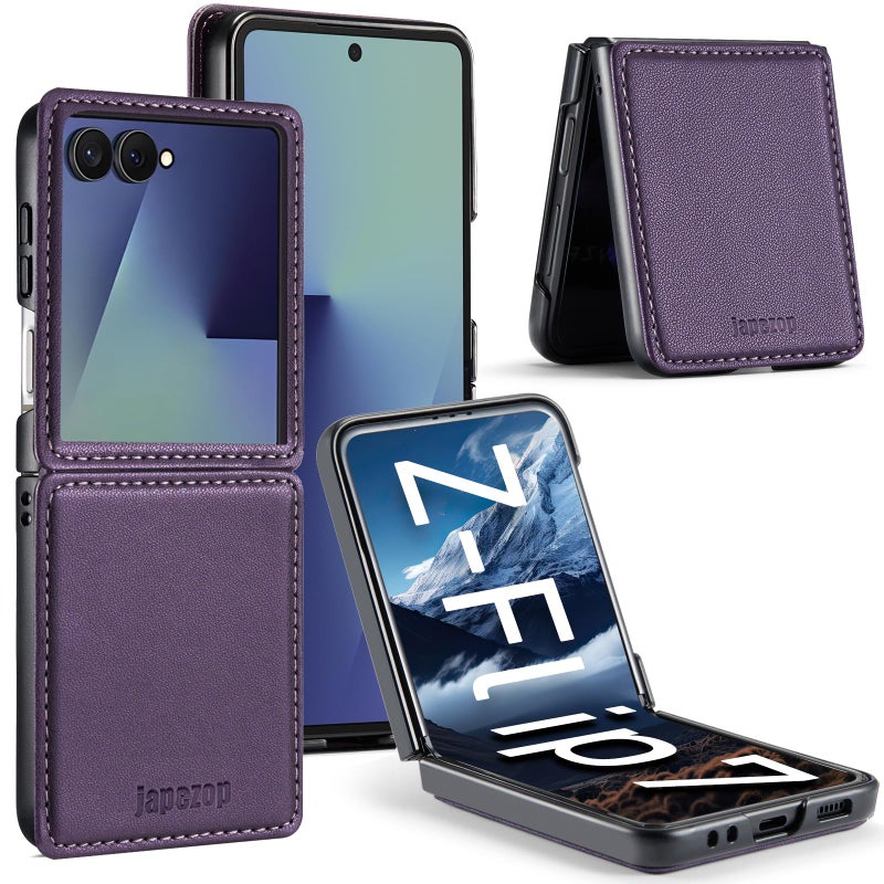 japezop Compatible with Samsung Galaxy Z Flip 7 5G CaseGalaxy Z Flip 7 Leather Flip Case with Hard Shockproof Back Cover Slim Durablefor Galaxy Z Flip 7 5G 2025 Purple - Image 3