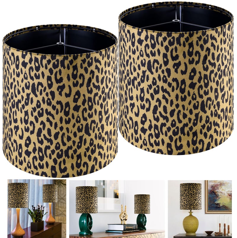 GO&SO GOSO (2PCS) 10 IN Small Tall Leopard Velvet Lamp Shades for Table Lamps Wall Lamp Yellow Pattern Fabric Lampshades, 10" Top x 10" Bottom x 10" High (Spider) Vintage Funky Shade Required Assembly - Image 1