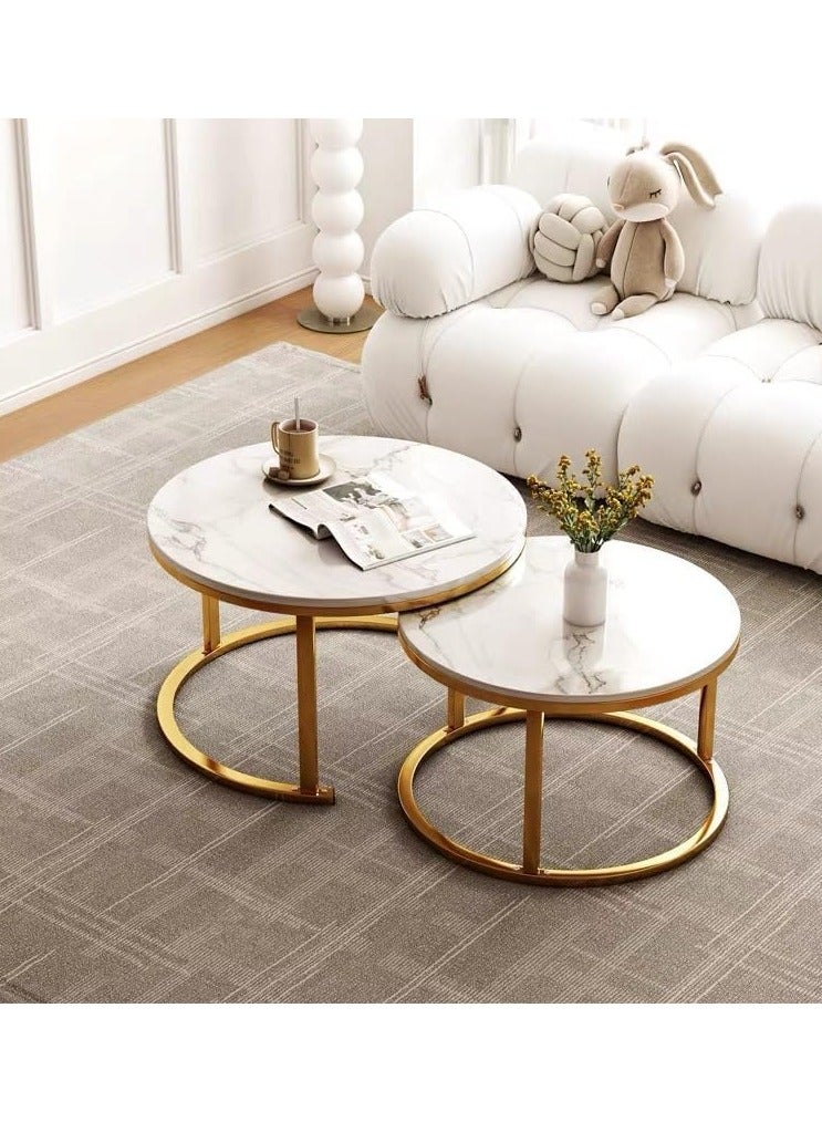 Natural Finished Marble Nesting Tables (Set of 2), Coffee Side Tables White and Gold, For Living Room