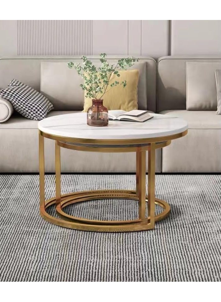 Natural Finished Marble Nesting Tables (Set of 2), Coffee Side Tables White and Gold, For Living Room