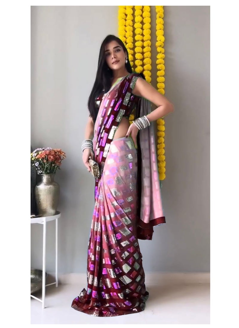 Pink Purple Double Shade georgette saree with sequence work and Plain satin unstitched blouse