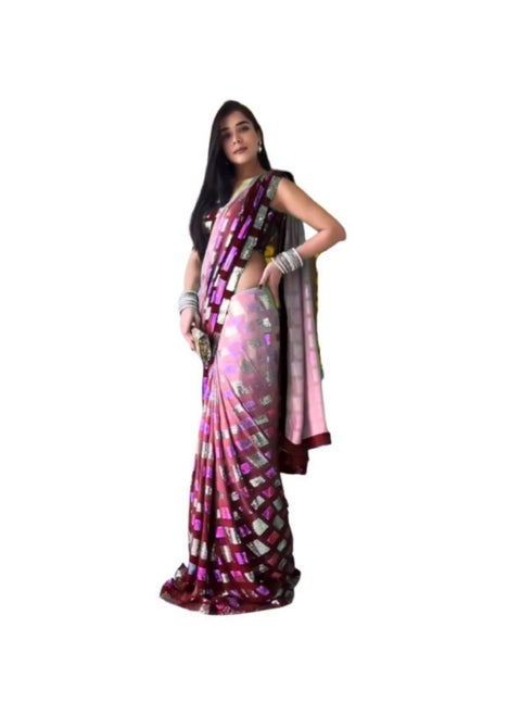 Pink Purple Double Shade georgette saree with sequence work and Plain satin unstitched blouse