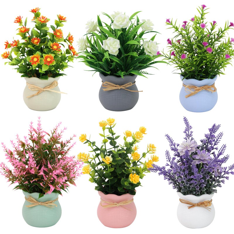 Yoratee 6PCS Artificial Flowers Pot Small Fake Plants with Mini Potted Plants for Home Office Tabletop Centerpiece Decoration - Image 2