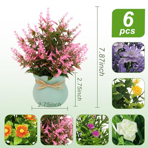 Yoratee 6PCS Artificial Flowers Pot Small Fake Plants with Mini Potted Plants for Home Office Tabletop Centerpiece Decoration - Image 3