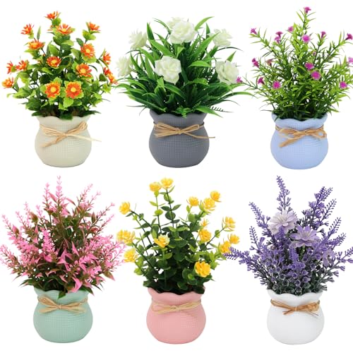 Yoratee 6PCS Artificial Flowers Pot Small Fake Plants with Mini Potted Plants for Home Office Tabletop Centerpiece Decoration - Image 1