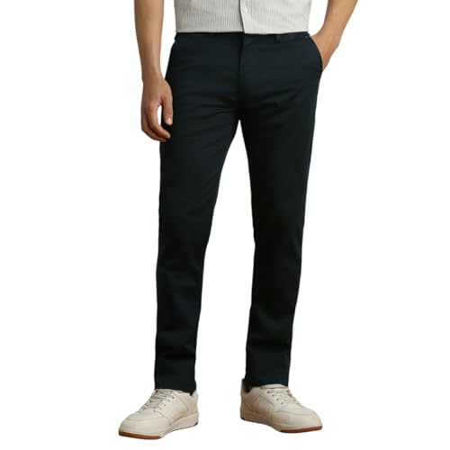 Peter England | Men's Super Slim Fit Stretchable Cotton Satin Casual Trousers | Office Sleek & Trendy Look Navy - Image 1