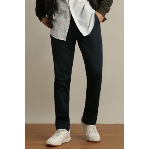 Peter England | Men's Super Slim Fit Stretchable Cotton Satin Casual Trousers | Office Sleek & Trendy Look Navy - Image 2