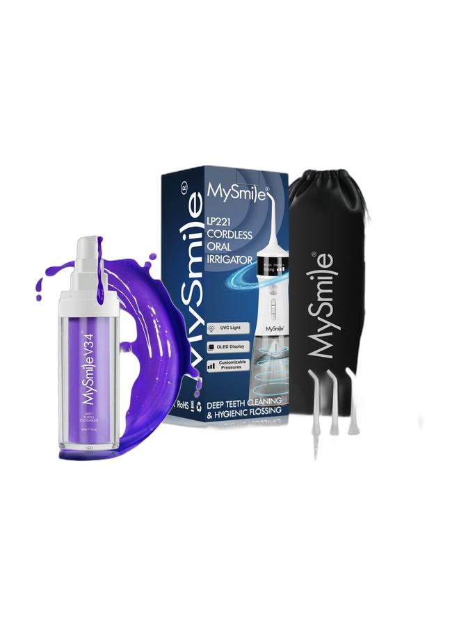 MySmile Toothpaste for Tooth Brighten, Color Corrector Efficient Cleaning Purple Toothpaste, 30ML Non-Sensitive Natural Tooth Stain Removal Toothpaste, Fresh Mint, Press Type & MySmile LP221 UVC Sterilizable Cordless Water Flossers for Teeth 335ML Portable OLED Display Dental Flosser with 4 Modes 8 Jet Tips and a Storage Pouch for Home and Travel (Pearl White)Bundle - Image 1