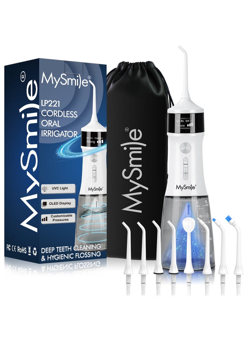 MySmile Toothpaste for Tooth Brighten, Color Corrector Efficient Cleaning Purple Toothpaste, 30ML Non-Sensitive Natural Tooth Stain Removal Toothpaste, Fresh Mint, Press Type & MySmile LP221 UVC Sterilizable Cordless Water Flossers for Teeth 335ML Portable OLED Display Dental Flosser with 4 Modes 8 Jet Tips and a Storage Pouch for Home and Travel (Pearl White)Bundle - Image 3